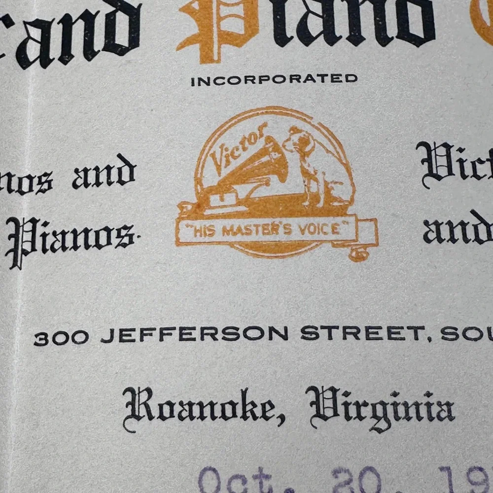 Antique F.A. Jenkins 1917 Grand Piano Co Roanoke VA‎ Letterhead Victor Victrola